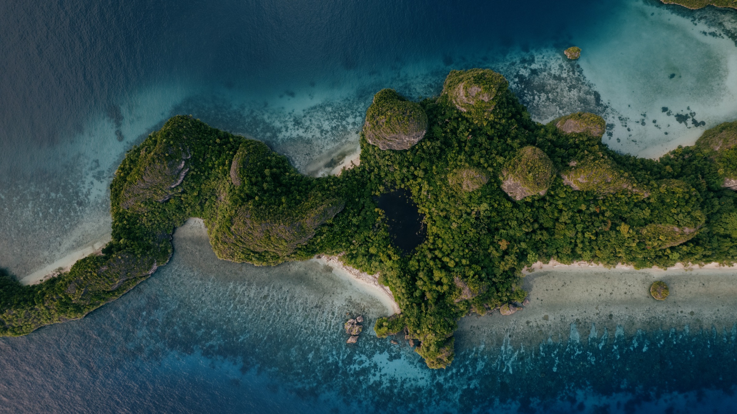 Aerial view of a forested karst island ringed by reef and white sand