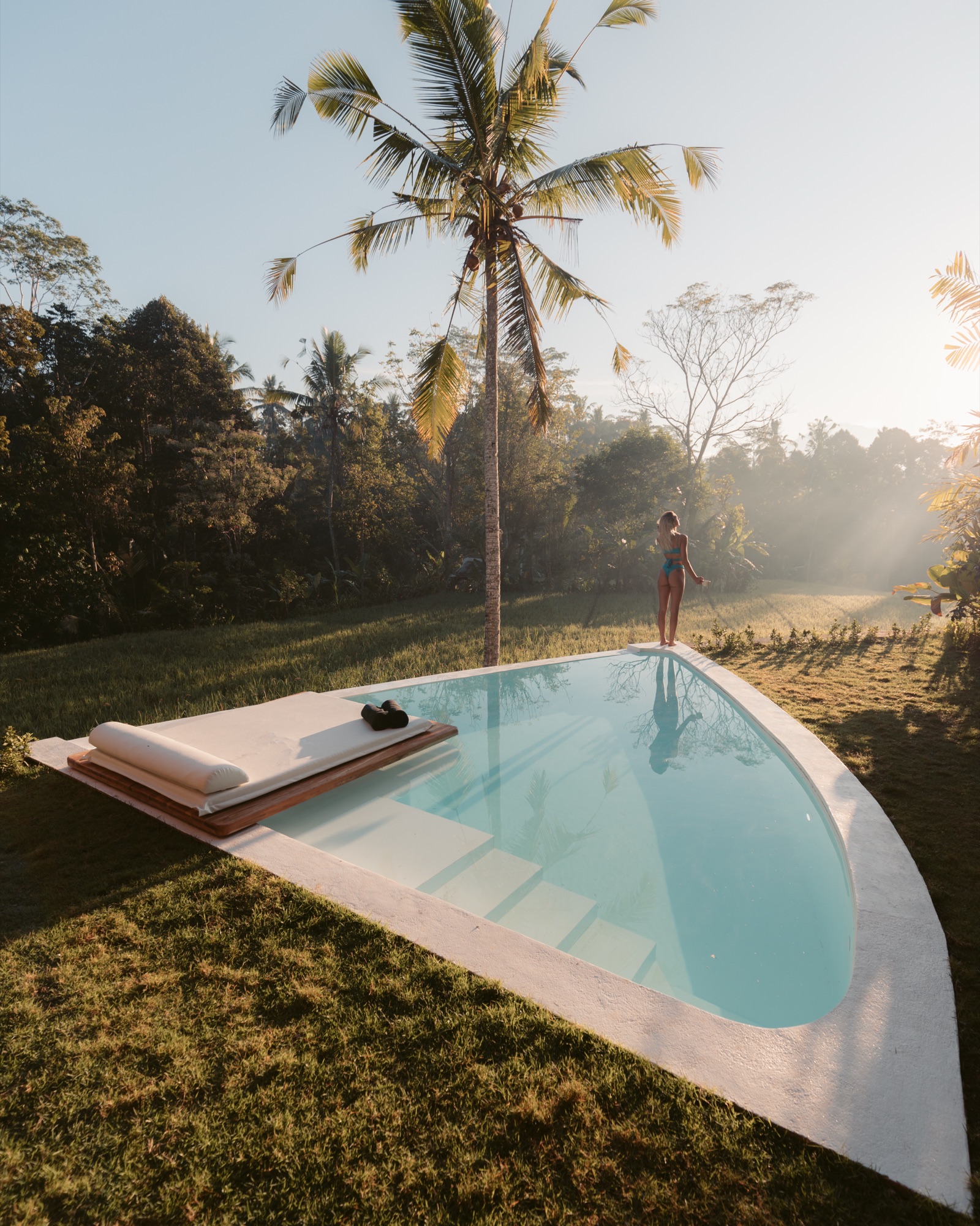 An infinity pool on a lawn beneath palms in the morning light