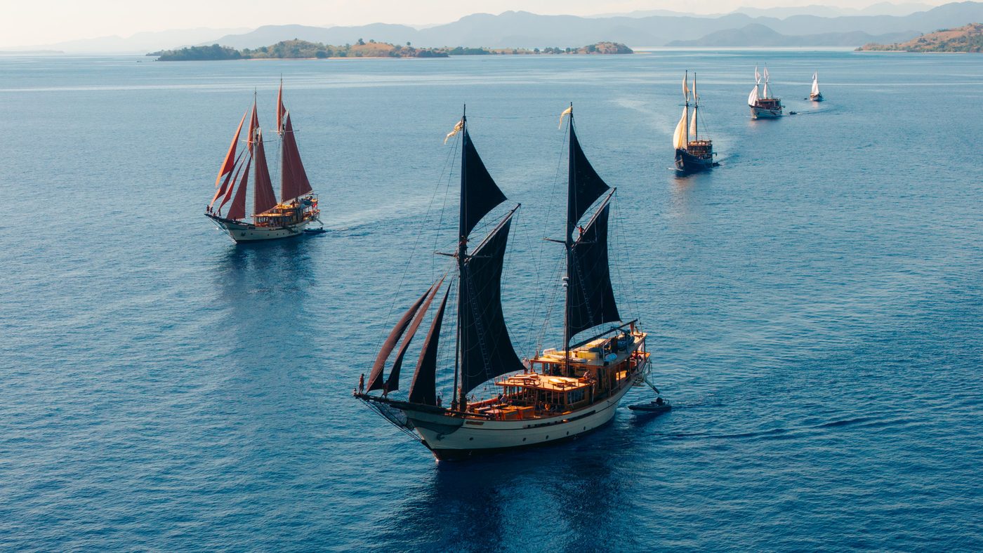 A phinisi under black sails with a fleet anchored behind it