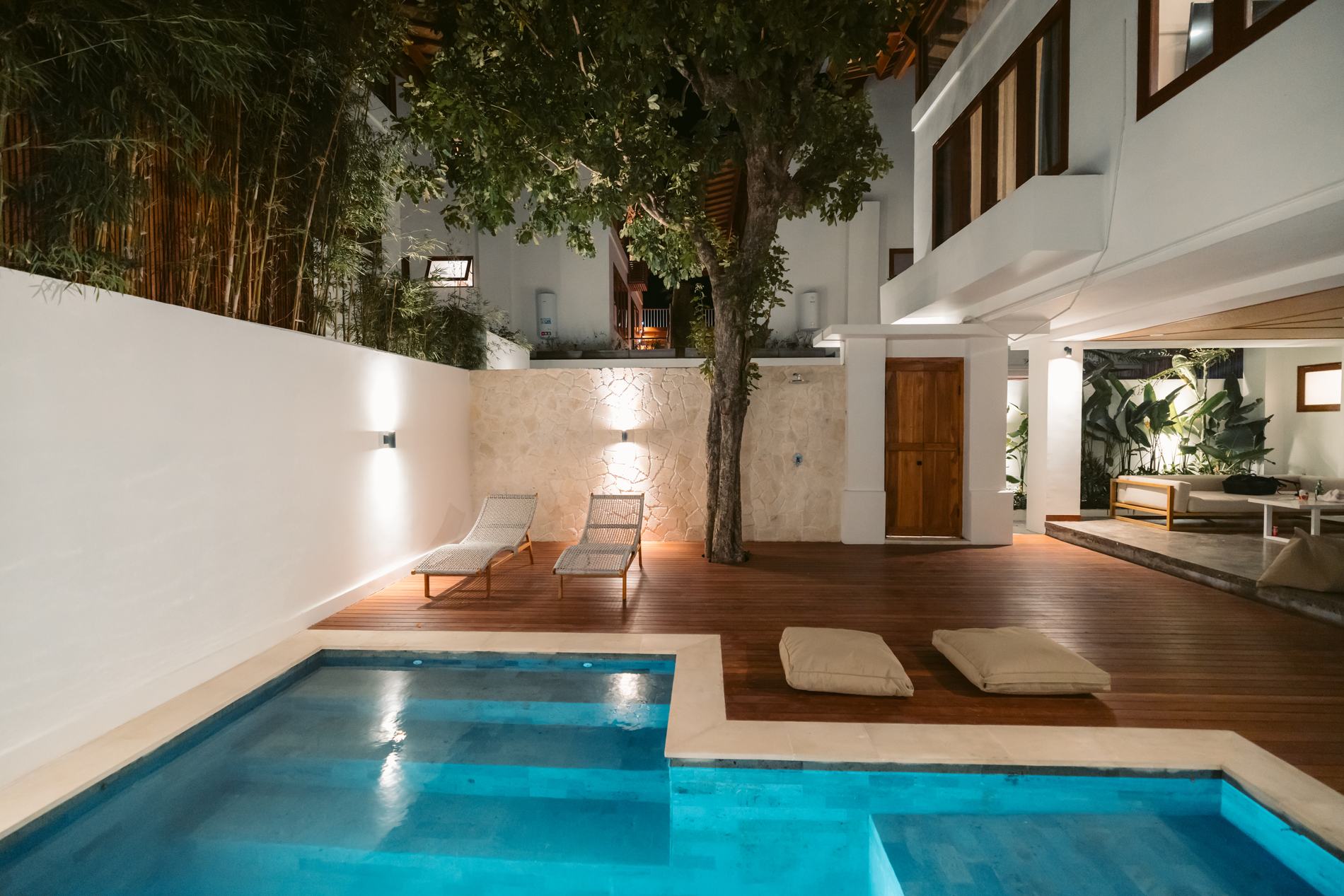 The plunge pool and deck at dusk