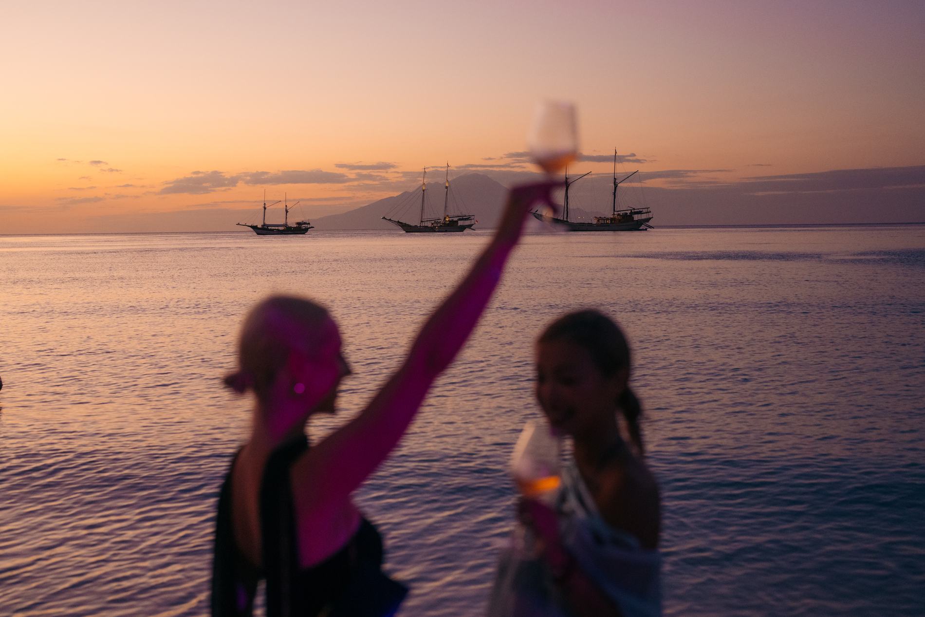 Two guests raising glasses at sunset with ships on the horizon