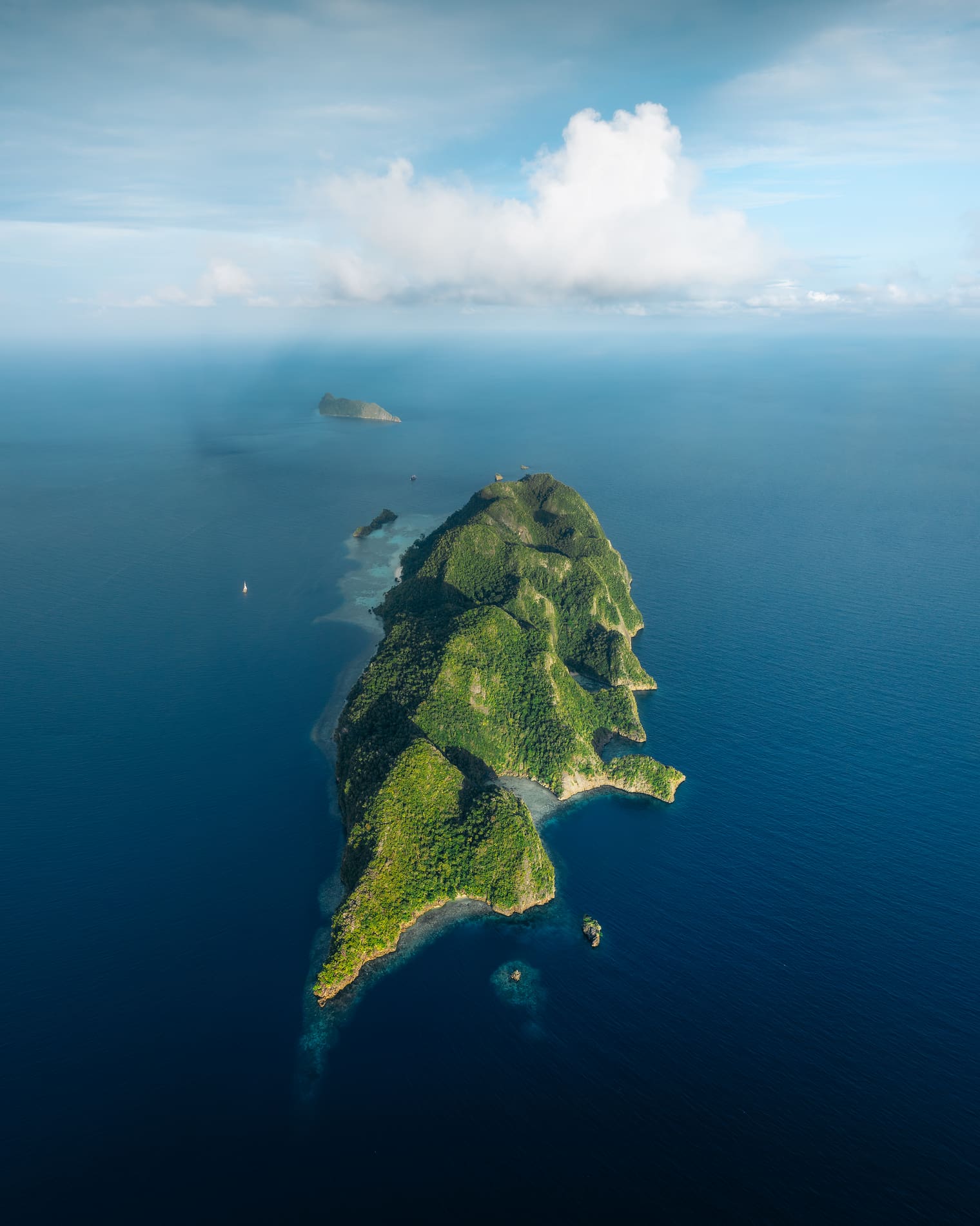 An aerial of a steep green island ringed by pale shallows and deep blue sea
