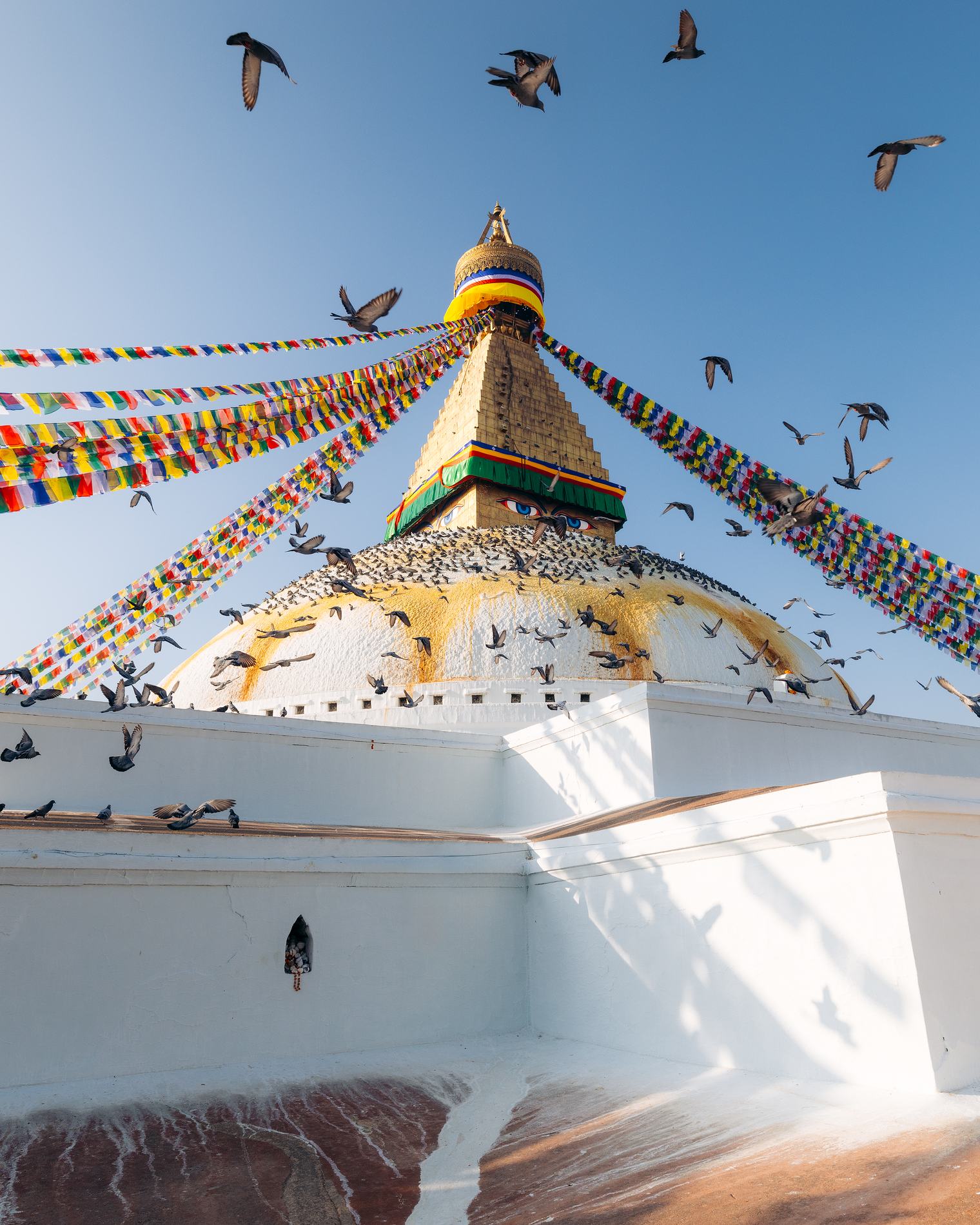 The stupa with prayer flags and birds in a blue sky