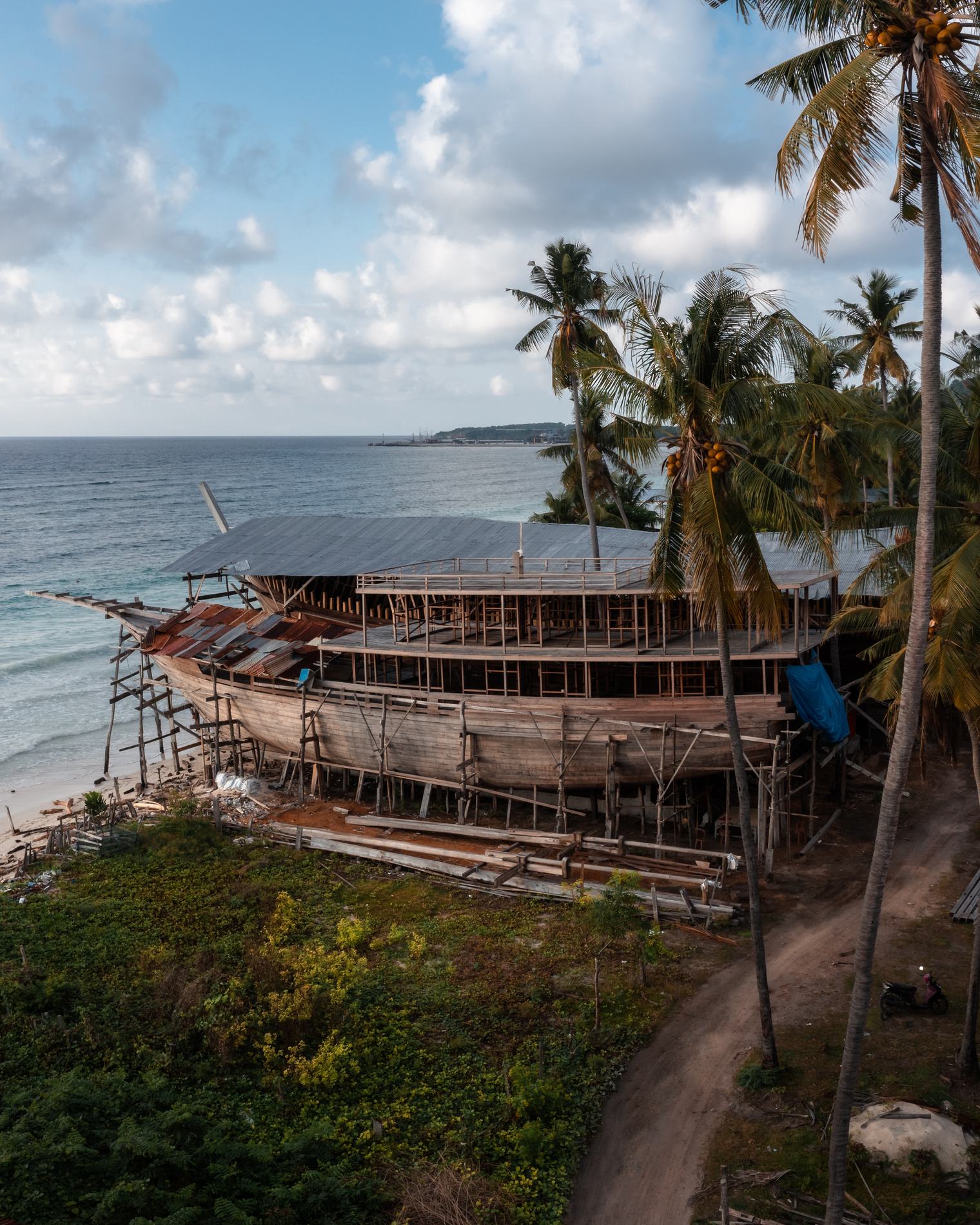 The hull on the beach seen from the side, palms in the foreground