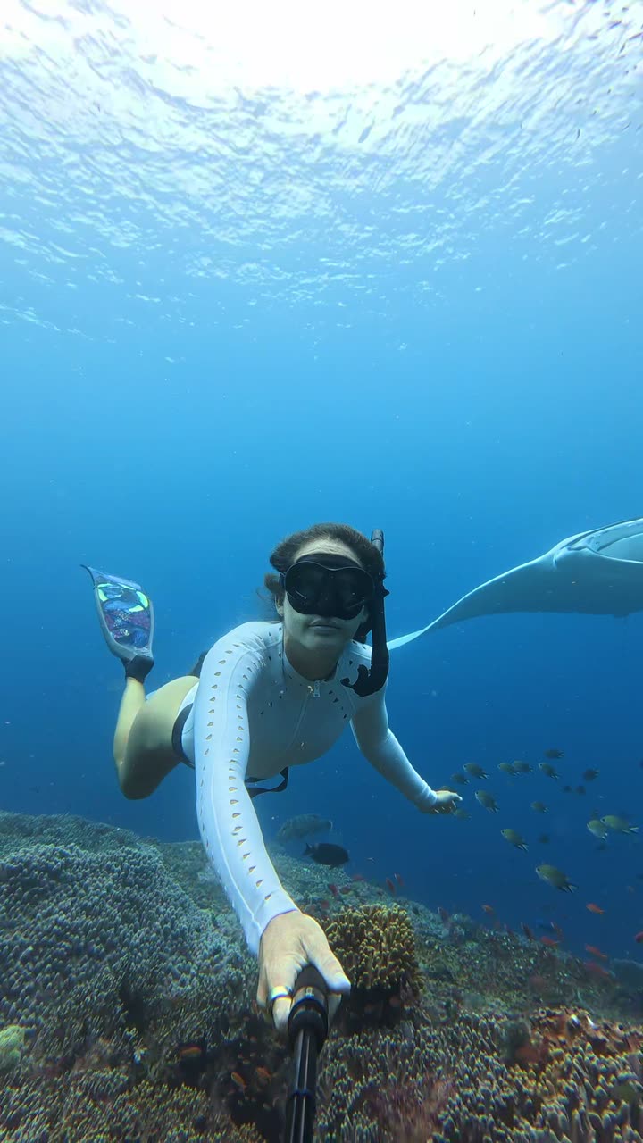 A freediver swimming above a reef with a manta ray gliding behind her